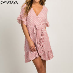 Summer Chiffon Dress 2019 Boho Style Beach Dress Fashion Short Sleeve V-neck Polka Dot A-line Party Dresses Sundress Vestidos
