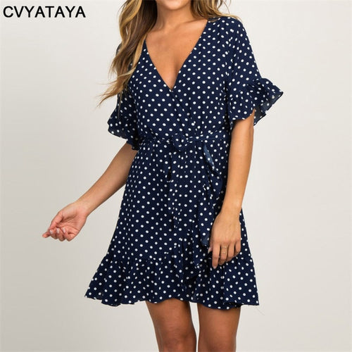 Summer Chiffon Dress 2019 Boho Style Beach Dress Fashion Short Sleeve V-neck Polka Dot A-line Party Dresses Sundress Vestidos