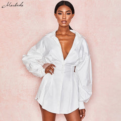 Macheda Fashion Solid Turn-down Collar Mini Dresses Womens Long Sleeve  Loose Button Design Casual Dresses Lady 2019 New