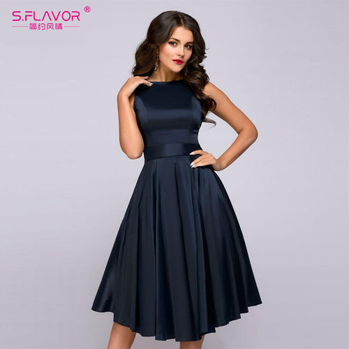 S.FLAVOR vintage style knee-length dress fashion sleeveless elegant A-line vestidos with belt party short dress