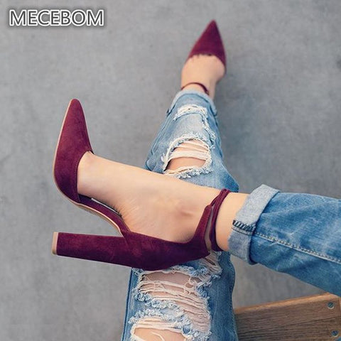 MCCKLE Plus Size Female Ankle Strap High Heels Flock Gladiator Shoes Thick Heel Fashion Women Party Wedding Pumps Drop Shipping