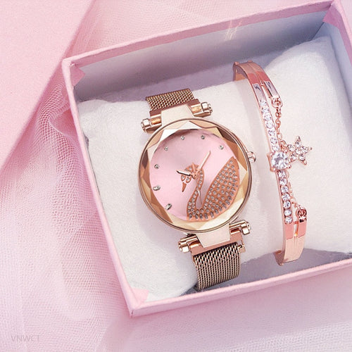 Luxury Women Watch Fashion Elegant Magnet Buckle Vibrato Purple Ladies Wristwatch Starry Sky Roman Numeral Gift Clock