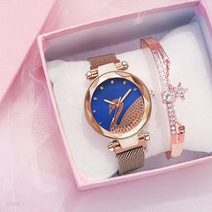 Luxury Women Watch Fashion Elegant Magnet Buckle Vibrato Purple Ladies Wristwatch Starry Sky Roman Numeral Gift Clock
