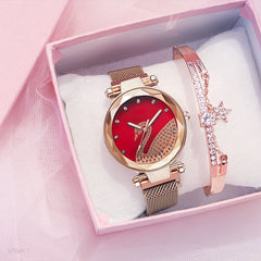 Luxury Women Watch Fashion Elegant Magnet Buckle Vibrato Purple Ladies Wristwatch Starry Sky Roman Numeral Gift Clock