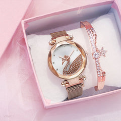 Luxury Women Watch Fashion Elegant Magnet Buckle Vibrato Purple Ladies Wristwatch Starry Sky Roman Numeral Gift Clock
