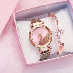 Luxury Women Watch Fashion Elegant Magnet Buckle Vibrato Purple Ladies Wristwatch Starry Sky Roman Numeral Gift Clock