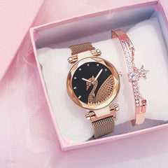 Luxury Women Watch Fashion Elegant Magnet Buckle Vibrato Purple Ladies Wristwatch Starry Sky Roman Numeral Gift Clock
