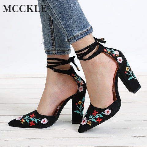 MCCKLE Plus Size Female Ankle Strap High Heels Flock Gladiator Shoes Thick Heel Fashion Women Party Wedding Pumps Drop Shipping