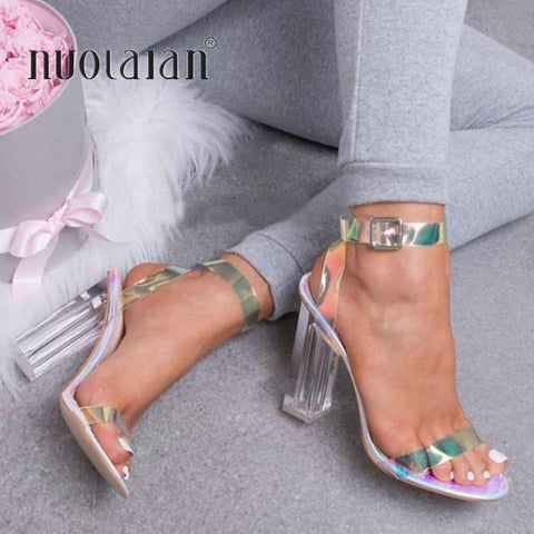 MCCKLE Plus Size Female Ankle Strap High Heels Flock Gladiator Shoes Thick Heel Fashion Women Party Wedding Pumps Drop Shipping