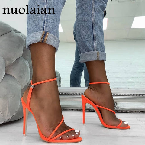 MCCKLE Plus Size Female Ankle Strap High Heels Flock Gladiator Shoes Thick Heel Fashion Women Party Wedding Pumps Drop Shipping