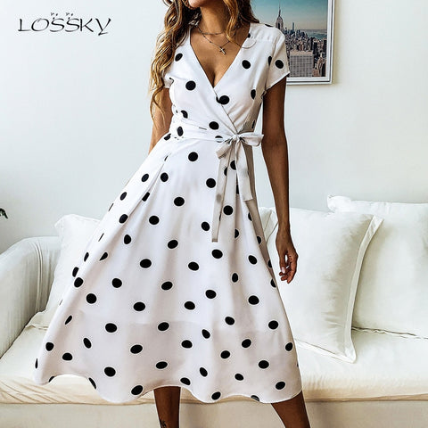Summer Chiffon Dress 2019 Boho Style Beach Dress Fashion Short Sleeve V-neck Polka Dot A-line Party Dresses Sundress Vestidos