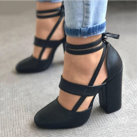MCCKLE Plus Size Female Ankle Strap High Heels Flock Gladiator Shoes Thick Heel Fashion Women Party Wedding Pumps Drop Shipping