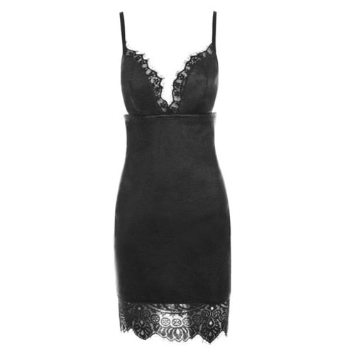Fashion Women Sexy Slim Bodycon Dress Summer Club Wear Sleeveless Deep V-neck Leather Lace Mini Pencil Dresses