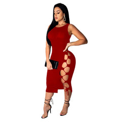 Cut Out Sexy Plus Size Dresses Women Fashion Red O Neck Sleeveless Bandage Midi Dress Summer Black Backless Slim Fit Party Dress