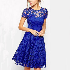 Lace Patchwork Hollow Dresses Women Elegant Printed O-Neck Female Dress Solid Short Sleeve Breathable Party Dress Fashion A-Line