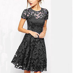 Lace Patchwork Hollow Dresses Women Elegant Printed O-Neck Female Dress Solid Short Sleeve Breathable Party Dress Fashion A-Line