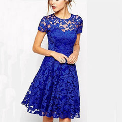 Lace Patchwork Hollow Dresses Women Elegant Printed O-Neck Female Dress Solid Short Sleeve Breathable Party Dress Fashion A-Line