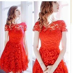 Lace Patchwork Hollow Dresses Women Elegant Printed O-Neck Female Dress Solid Short Sleeve Breathable Party Dress Fashion A-Line