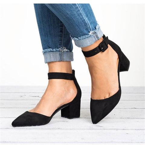 MCCKLE Plus Size Female Ankle Strap High Heels Flock Gladiator Shoes Thick Heel Fashion Women Party Wedding Pumps Drop Shipping