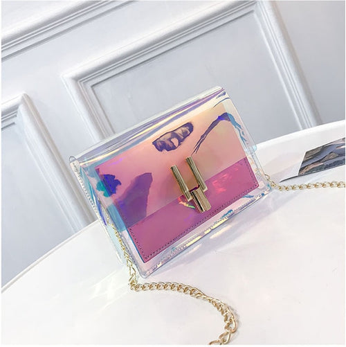 Women Crossbody Messenger Shoulder Bag PU Plastic Transparent Outer Small Beach Hasp Buckle Tote Chain Handbag Purse Laser Purse