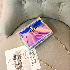 Women Crossbody Messenger Shoulder Bag PU Plastic Transparent Outer Small Beach Hasp Buckle Tote Chain Handbag Purse Laser Purse