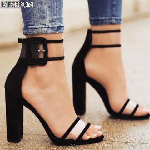 MCCKLE Plus Size Female Ankle Strap High Heels Flock Gladiator Shoes Thick Heel Fashion Women Party Wedding Pumps Drop Shipping
